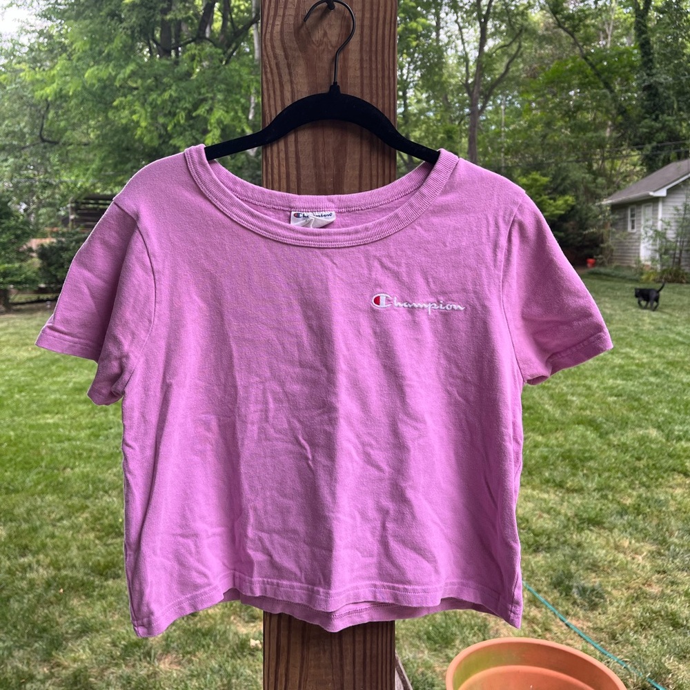 Champion Lavender Pink Cropped Tee with Small Embroidered Logo